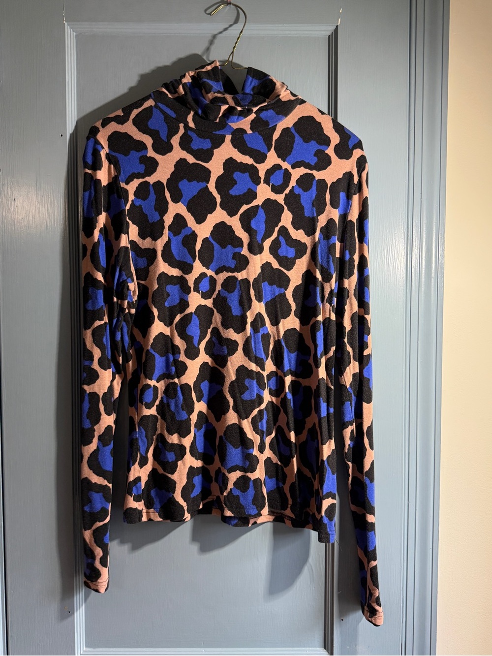 New York & Company Blue, Tan & Black Leopard Mock Neck Long Sleeve Top